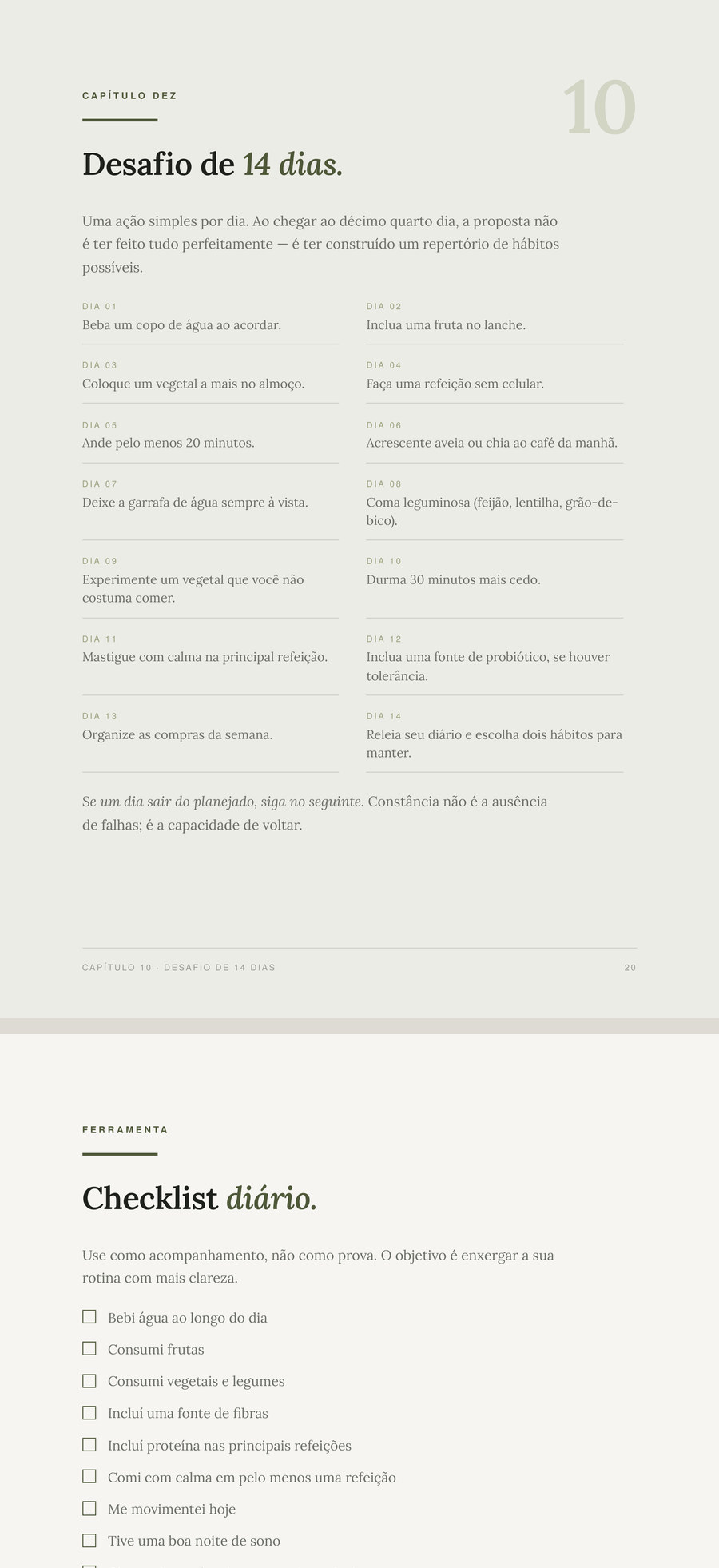 Páginas internas do e-book abertas no celular: o desafio de 14 dias e o checklist diário